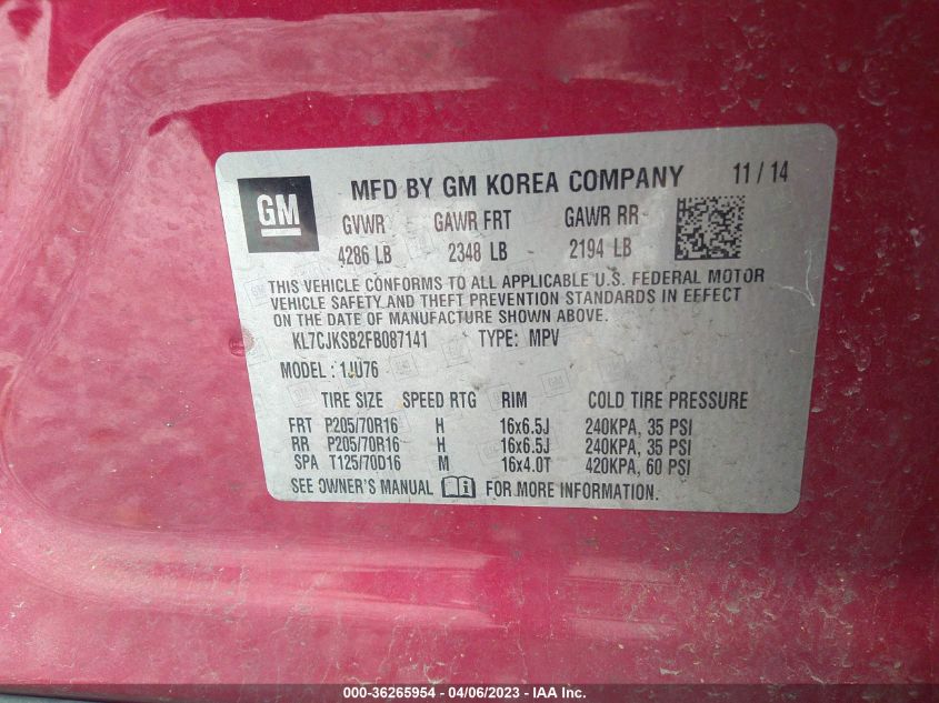 2015 CHEVROLET TRAX LS - KL7CJKSB2FB087141