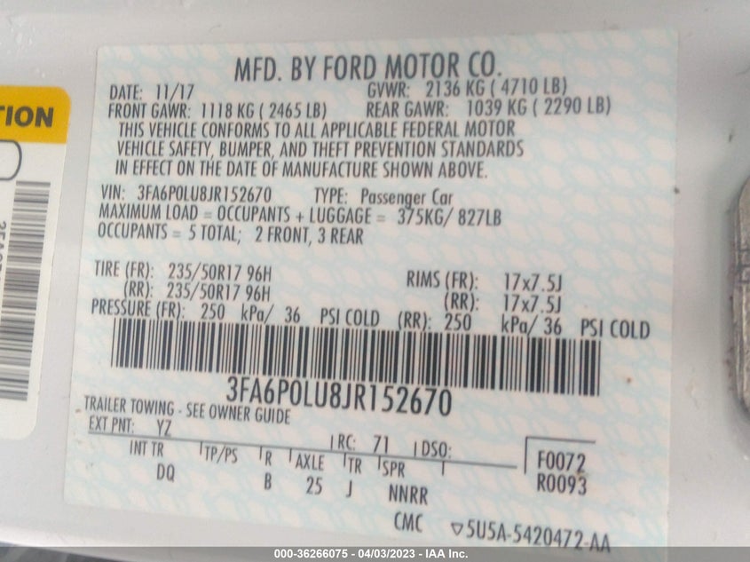 VIN 3FA6P0LU8JR152670 2018 FORD FUSION HYBRID SE