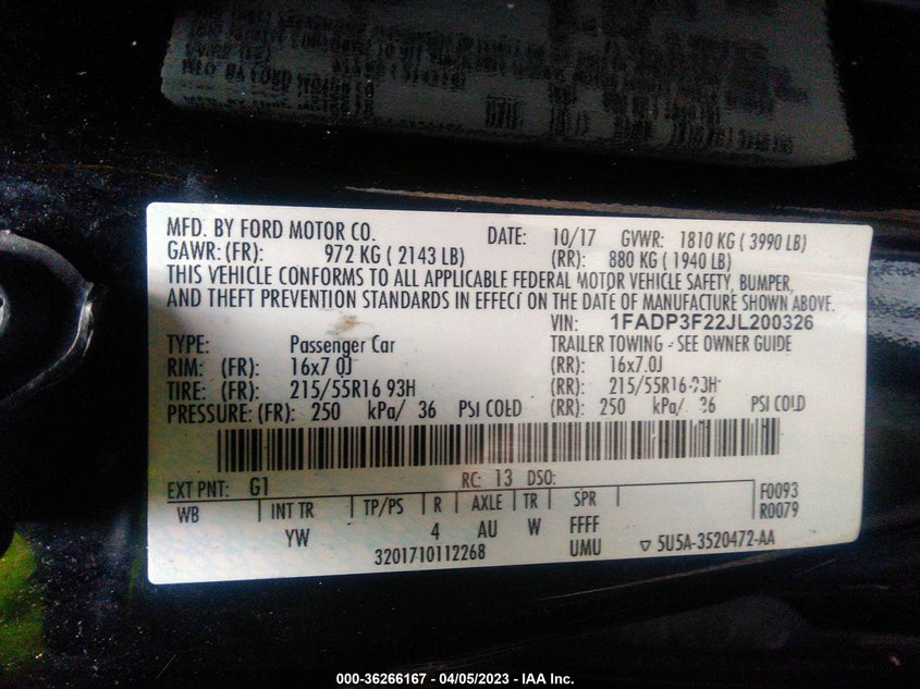 VIN 1FADP3F22JL200326 2018 FORD FOCUS SE