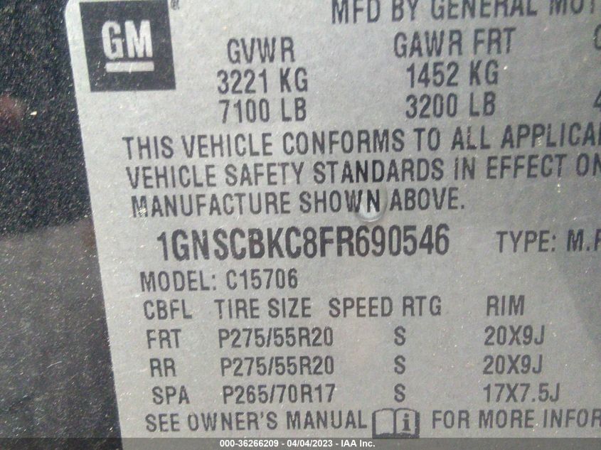 2015 CHEVROLET TAHOE LT - 1GNSCBKC8FR690546