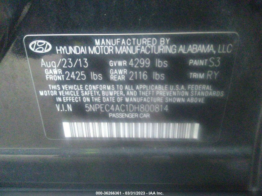 VIN 5NPEC4AC1DH800814 2013 HYUNDAI SONATA no.9