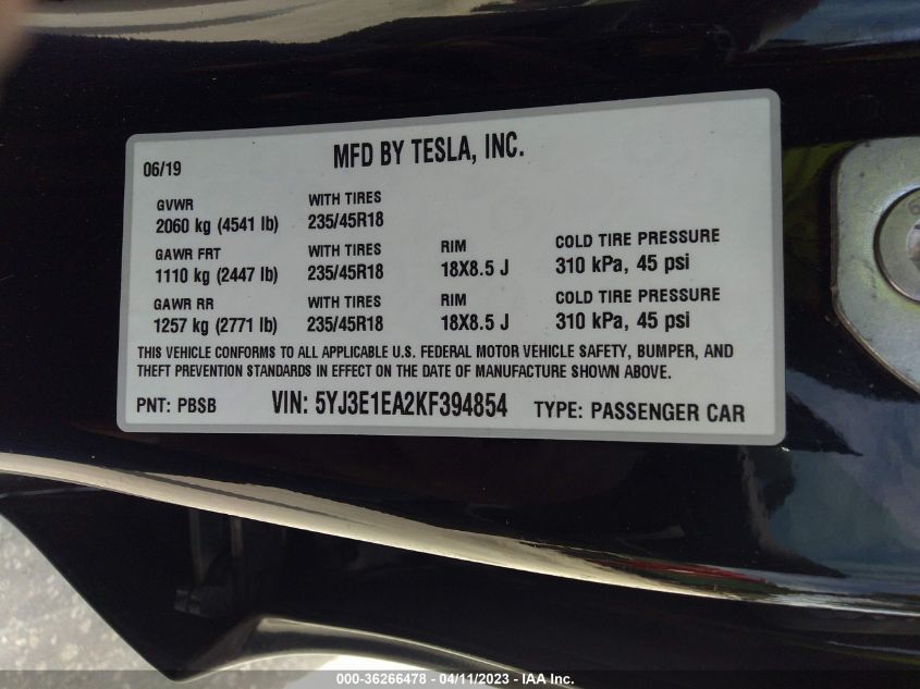 2019 TESLA MODEL 3 RANGE - 5YJ3E1EA2KF394854