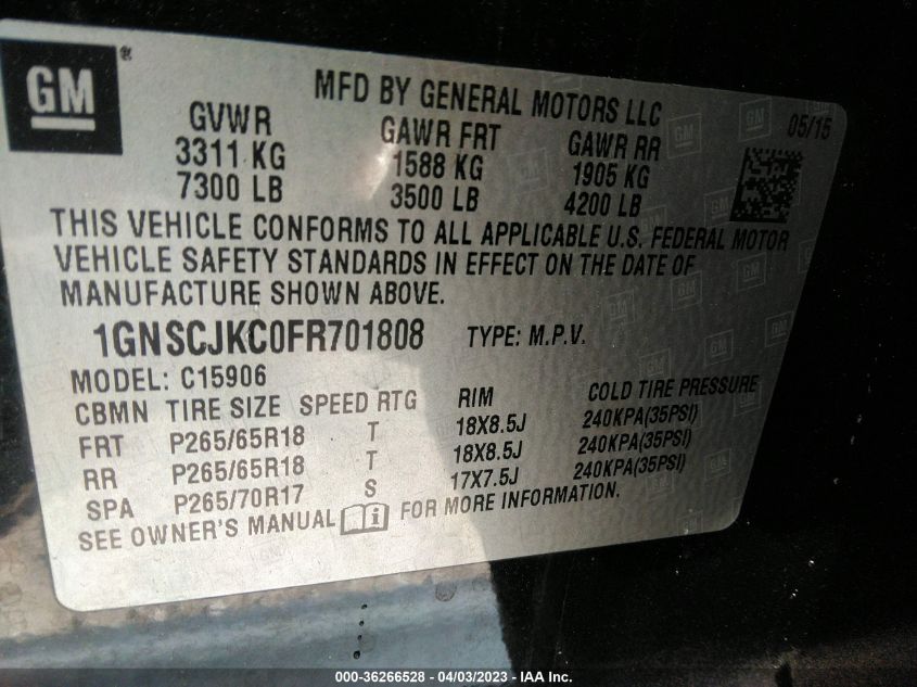 2015 CHEVROLET SUBURBAN LT - 1GNSCJKC0FR701808
