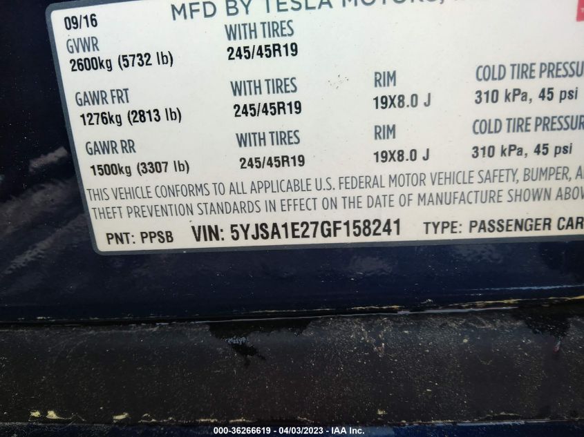 2016 TESLA MODEL S 75D - 5YJSA1E27GF158241