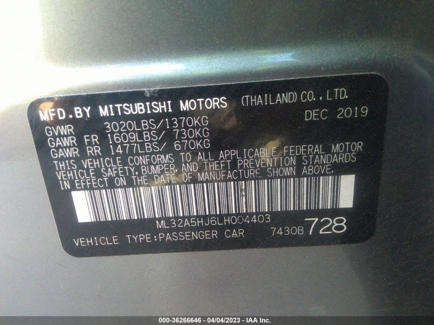2020 MITSUBISHI MIRAGE LE/GT - ML32A5HJ6LH004403