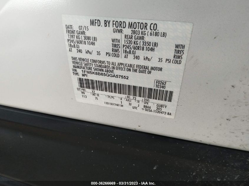 2016 FORD EXPLORER BASE - 1FM5K8B85GGA57552