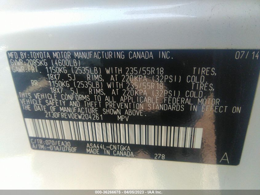2014 TOYOTA RAV4 LIMITED - 2T3DFREV0EW204261