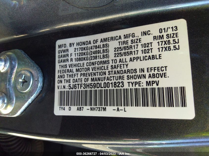 2013 HONDA CROSSTOUR EX-L 5J6TF3H59DL001823