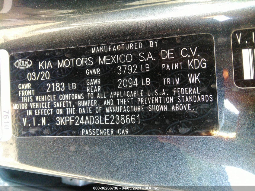 VIN 3KPF24AD3LE238661 2020 KIA FORTE LXS