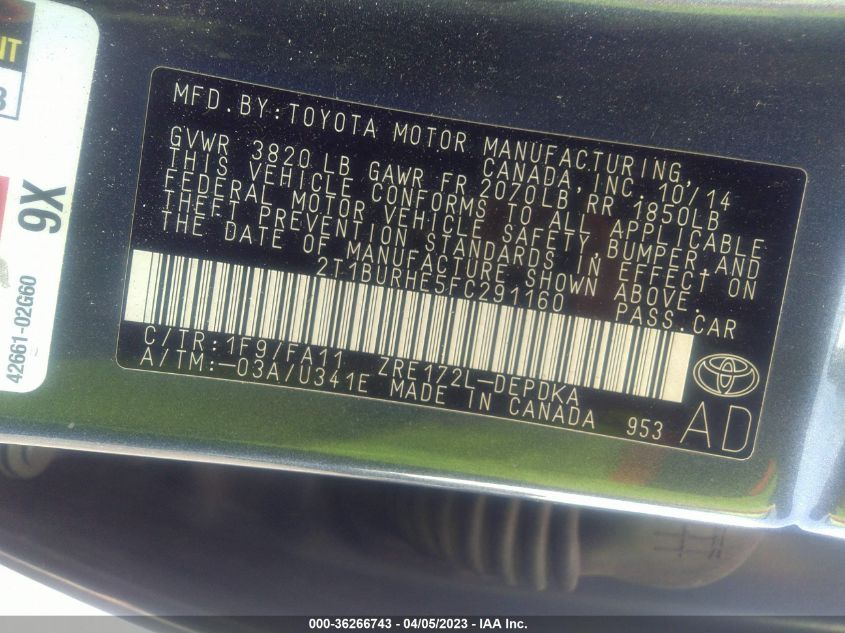2015 TOYOTA COROLLA LE - 2T1BURHE5FC291160