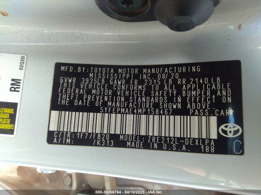 VIN 5YFEPMAE4MP158467 2021 TOYOTA COROLLA LE