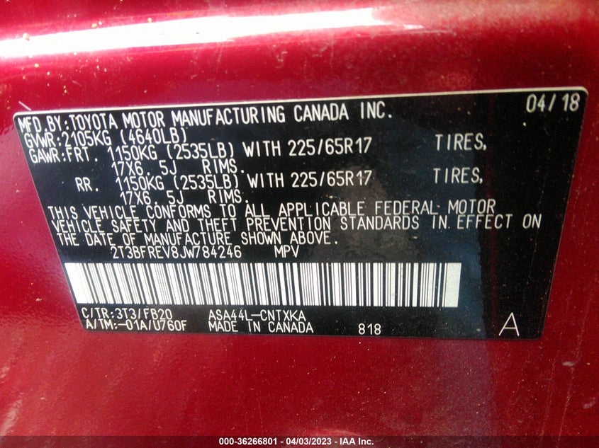 VIN 2T3BFREV8JW784246 2018 TOYOTA RAV4 LE