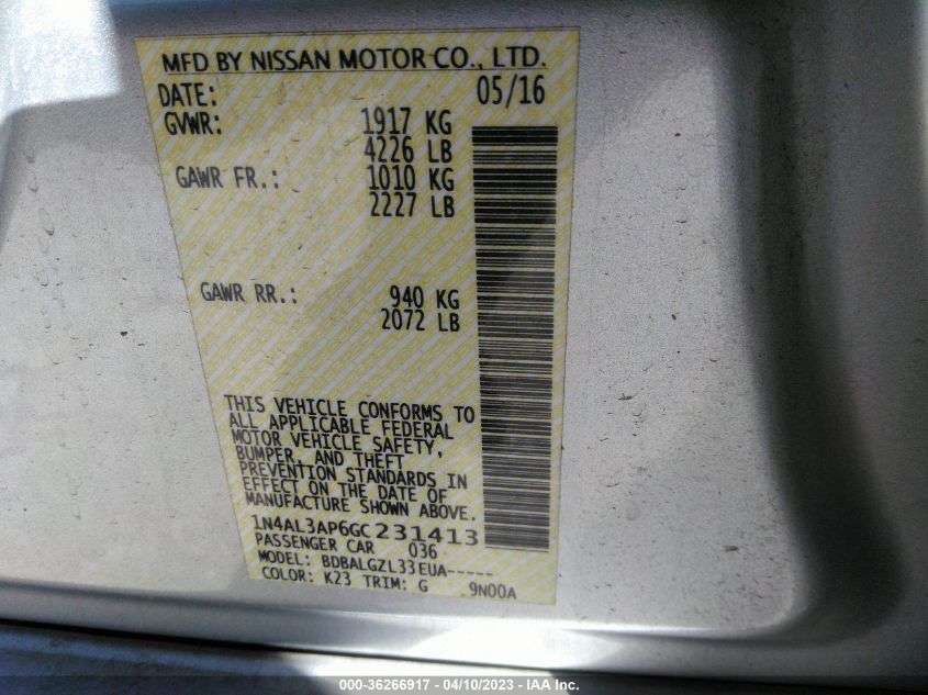 2016 NISSAN ALTIMA 2.5 - 1N4AL3AP6GC231413