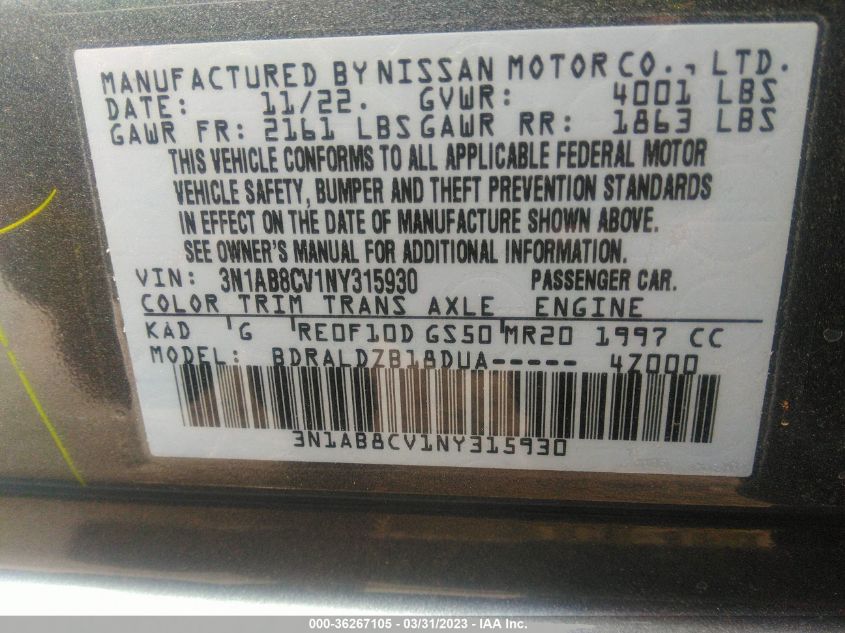 2022 NISSAN SENTRA SV - 3N1AB8CV1NY315930