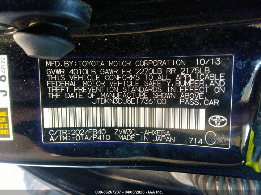 2014 TOYOTA PRIUS FOUR/FIVE/THREE/ONE/TWO - JTDKN3DU8E1736100