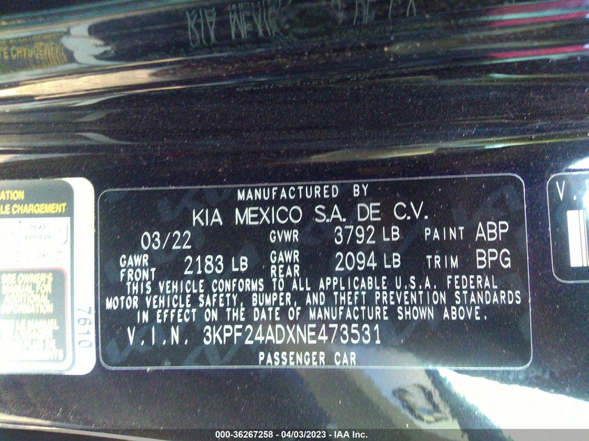 VIN 3KPF24ADXNE473531 2022 KIA FORTE LXS