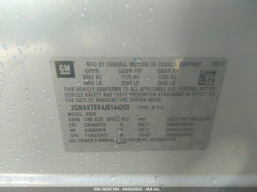 VIN 2GNAXTEX4J6144268 2018 CHEVROLET EQUINOX LT