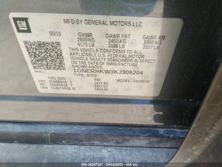 2019 CHEVROLET TRAVERSE LT LEATHER - 1GNERHKW3KJ309204