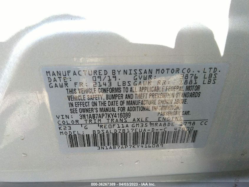 2019 NISSAN SENTRA SV - 3N1AB7AP7KY416089