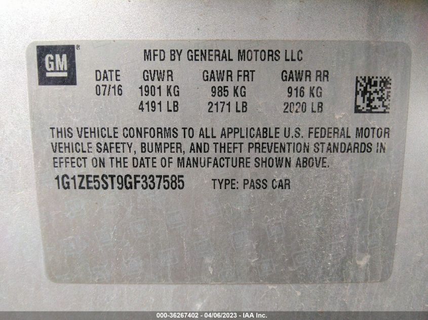 2016 CHEVROLET MALIBU LT - 1G1ZE5ST9GF337585