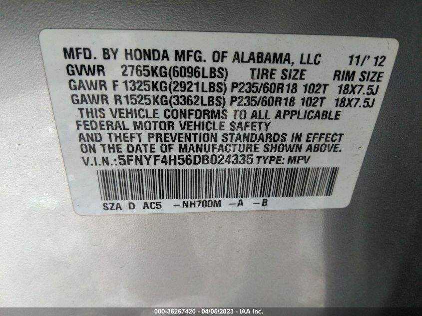 2013 HONDA PILOT EX-L - 5FNYF4H56DB024335