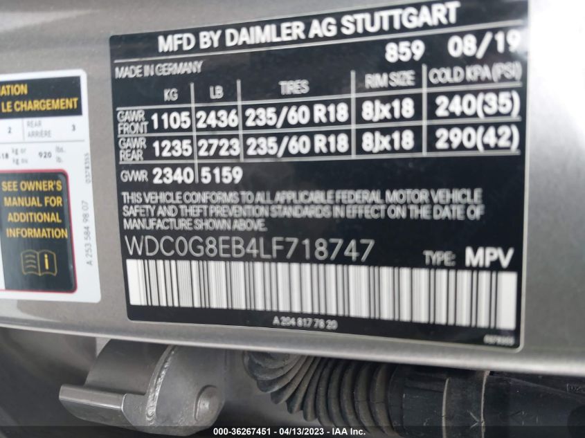 2020 MERCEDES-BENZ GLC GLC 300 - WDC0G8EB4LF718747