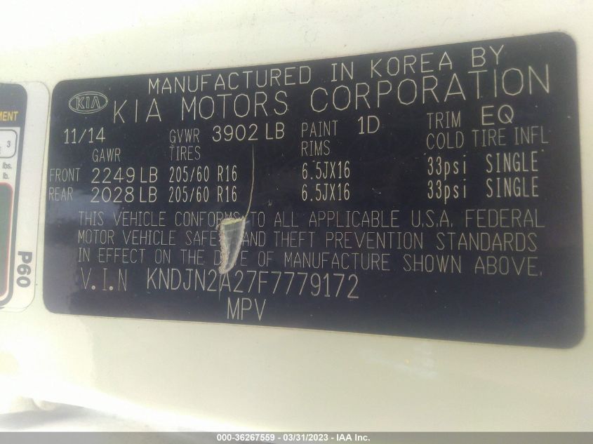 2015 KIA SOUL BASE - KNDJN2A27F7779172