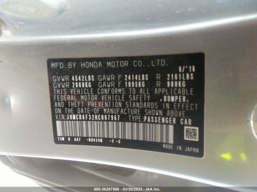 2017 HONDA ACCORD HYBRID JHMCR6F32HC007967