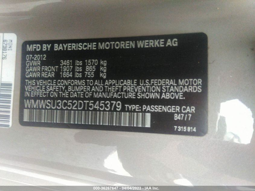 2013 MINI COOPER HARDTOP - WMWSU3C52DT545379