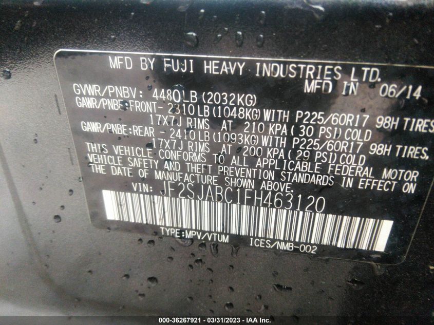 2015 SUBARU FORESTER 2.5I - JF2SJABC1FH463120