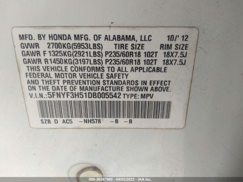 2013 HONDA PILOT EX-L - 5FNYF3H51DB005542