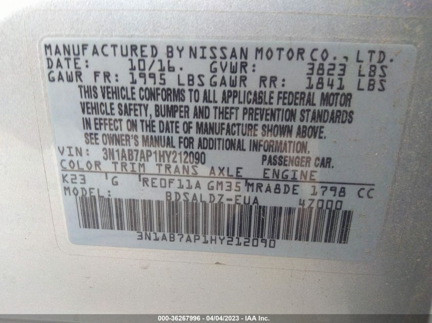 2017 NISSAN SENTRA SV - 3N1AB7AP1HY212090