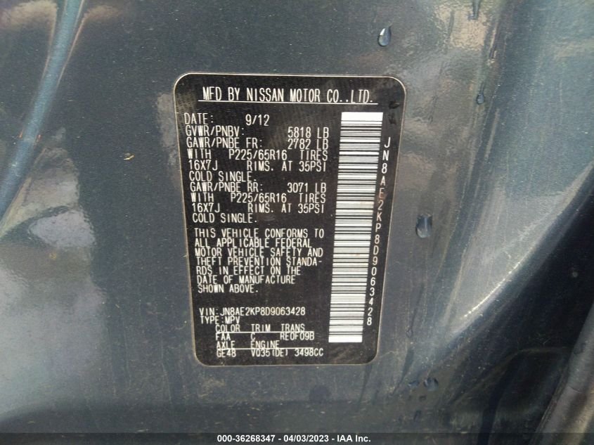 2013 NISSAN QUEST SV - JN8AE2KP8D9063428