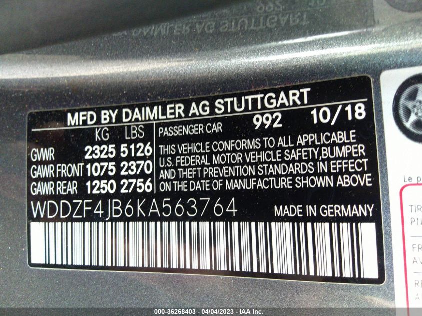 2019 MERCEDES-BENZ E-CLASS E 300 - WDDZF4JB6KA563764