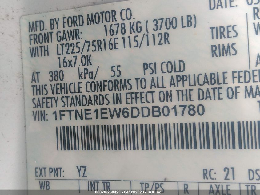 2013 FORD ECONOLINE CARGO VAN COMMERCIAL/RECREATIONAL 1FTNE1EW6DDB01780