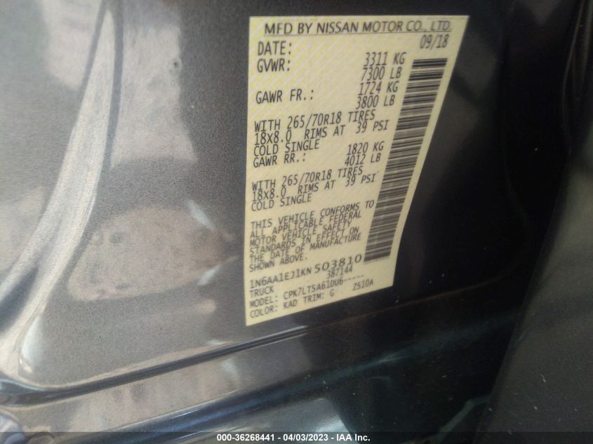 2019 NISSAN TITAN SV - 1N6AA1EJ1KN503810