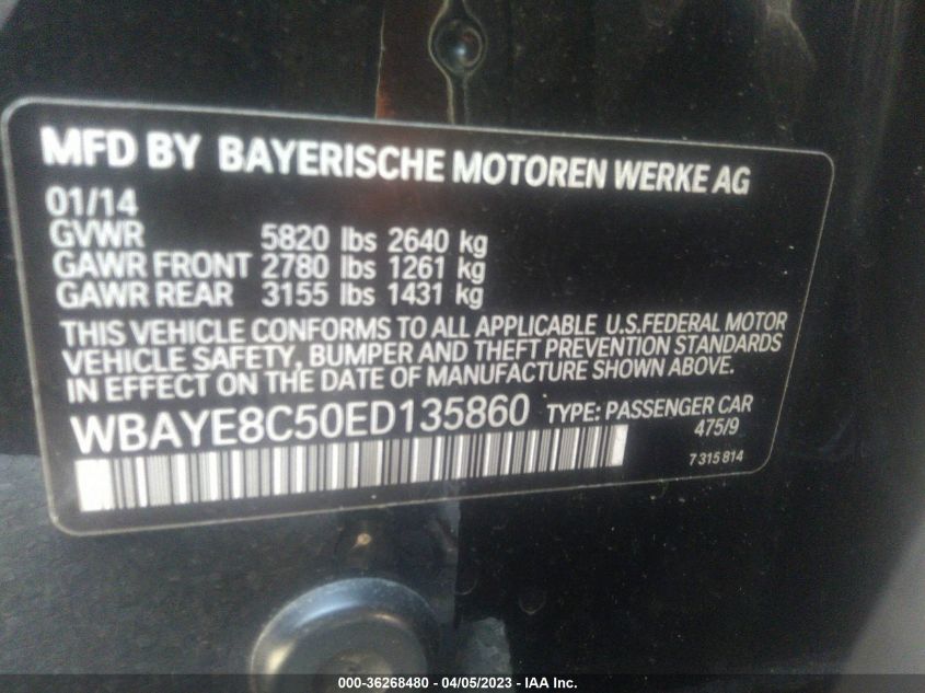 2014 BMW 7 SERIES 750LI - WBAYE8C50ED135860