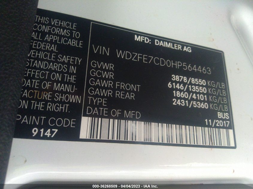 2017 MERCEDES-BENZ SPRINTER PASSENGER VAN WDZFE7CD0HP564463