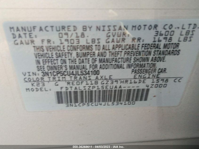 2018 NISSAN KICKS SV - 3N1CP5CU4JL534100