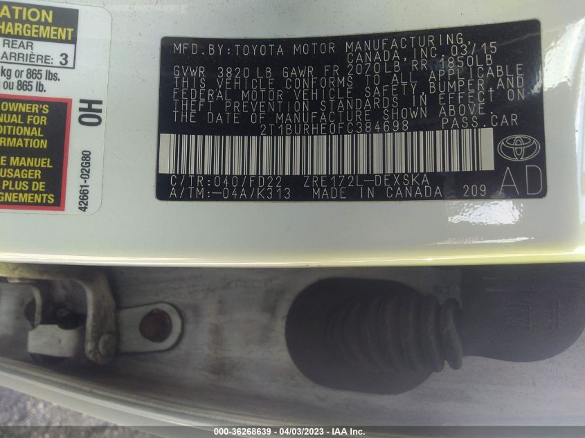 2015 TOYOTA COROLLA L/LE/S/S PLUS/LE PLUS - 2T1BURHE0FC384698