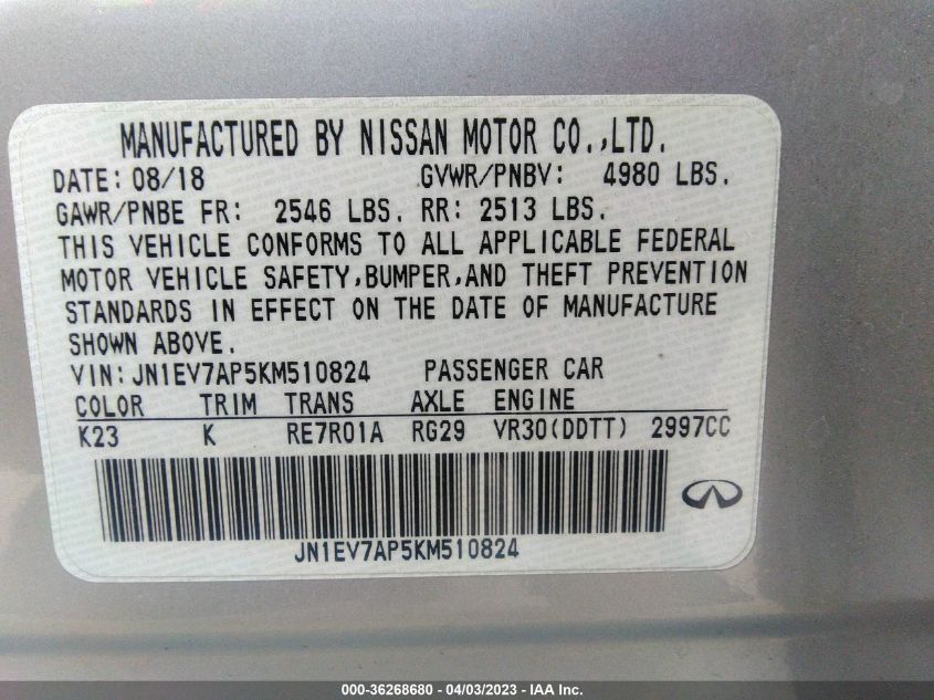 2019 INFINITI Q50 3.0T LUXE - JN1EV7AP5KM510824