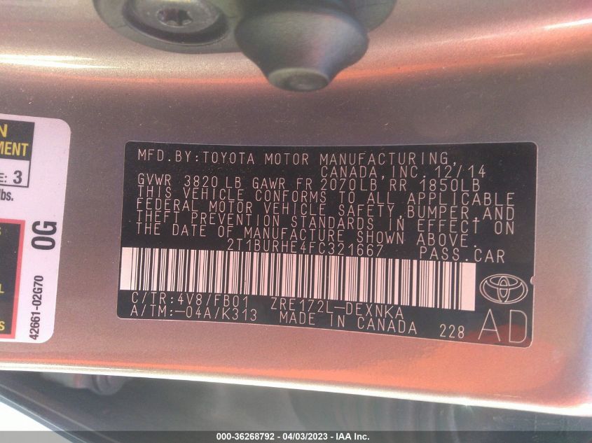 2015 TOYOTA COROLLA LE - 2T1BURHE4FC321667