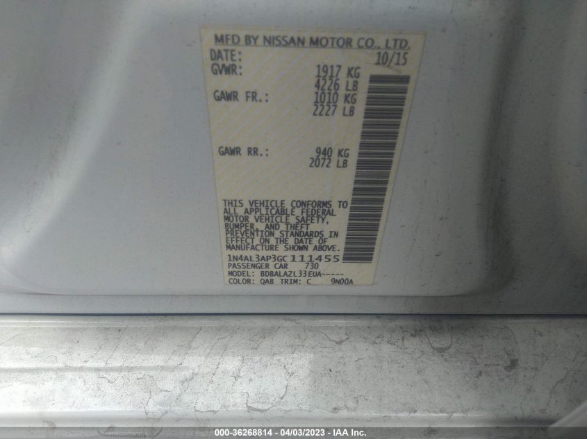 2016 NISSAN ALTIMA 2.5 - 1N4AL3AP3GC111455