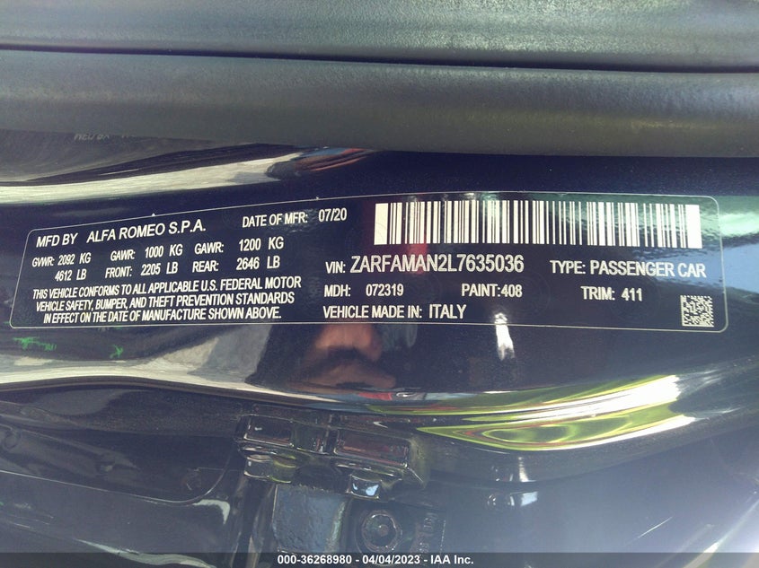 VIN ZARFAMAN2L7635036 2020 ALFA ROMEO GIULIA