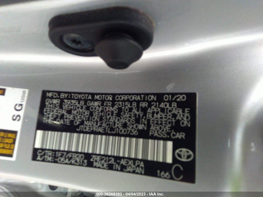 VIN JTDEPRAE1LJ100736 2020 TOYOTA COROLLA LE