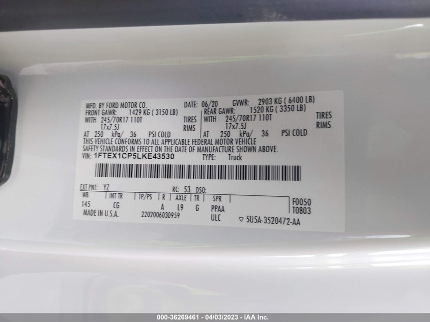 VIN 1FTEX1CP5LKE43530 2020 FORD F-150 XL