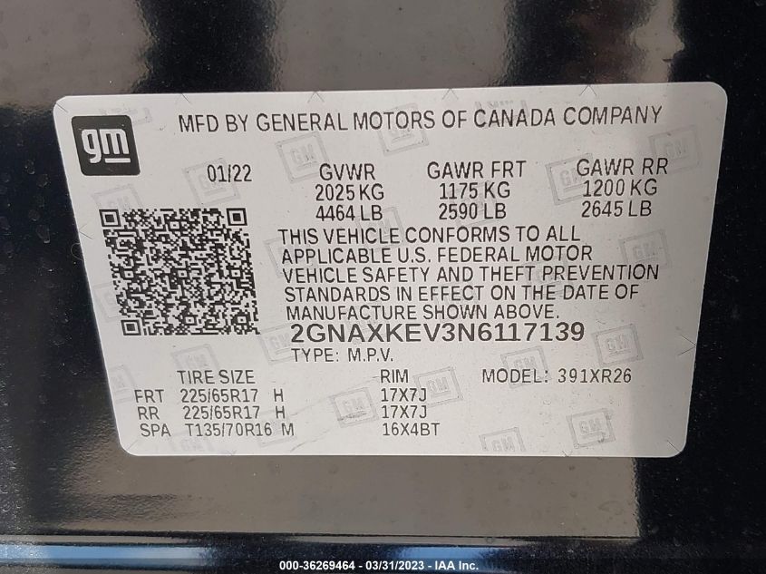 2022 CHEVROLET EQUINOX LT - 2GNAXKEV3N6117139