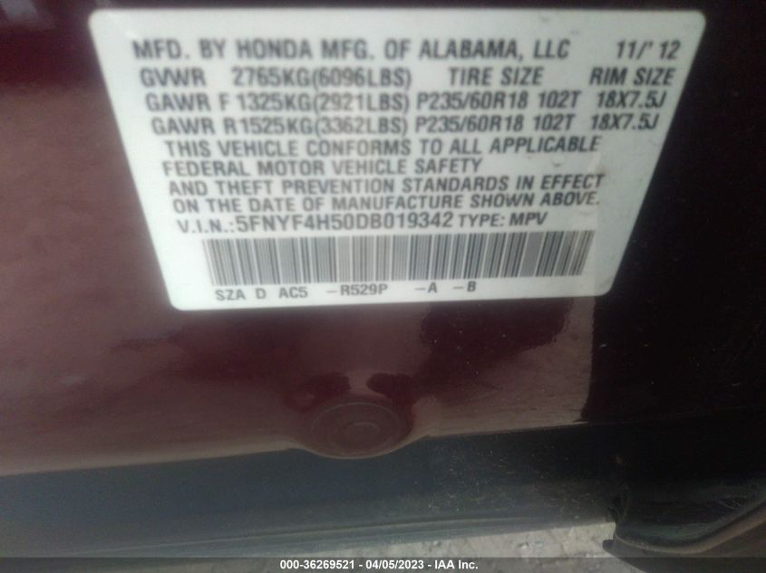 2013 HONDA PILOT EX-L - 5FNYF4H50DB019342