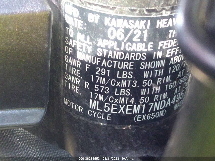 VIN ML5EXEM17NDA49579 2022 KAWASAKI EX650 M