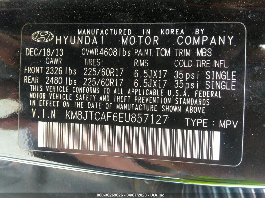 2014 HYUNDAI TUCSON GLS - KM8JTCAF6EU857127